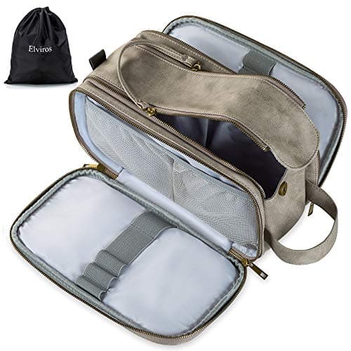 Water-Resistant Leather Toiletry Bag for Men, Women Large Travel Wash Bag Shaving Dopp Kit Bathroom Gym Toiletries Makeup Organizer with Free Wet Dry Bag (Grey)
