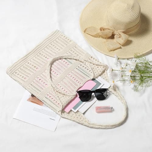 WantGor Crochet Bags, Beach Mesh Tote Bag Womens Shoulder Shopping Handbag Casual Travel Totes Bag Foldable Hobo Bags (Cream White) — view 6