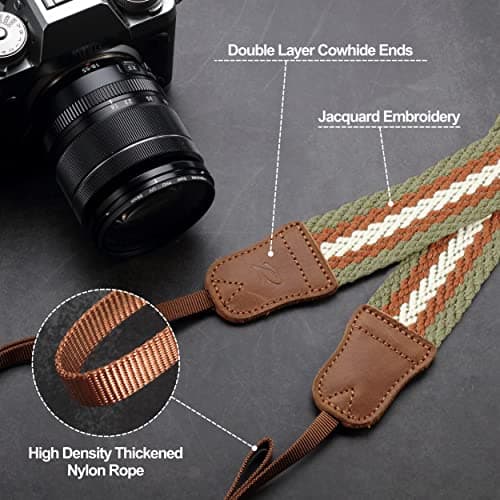 Stripes Camera Strap - 1.5" Cowhide Head Shoulder Neck Strap ,Vintage Woven Multi-color Camera Straps for Cameras and Binoculars,Cute Adjustable Thin Strap for Adults & Kids(Green Yellow White） — view 2