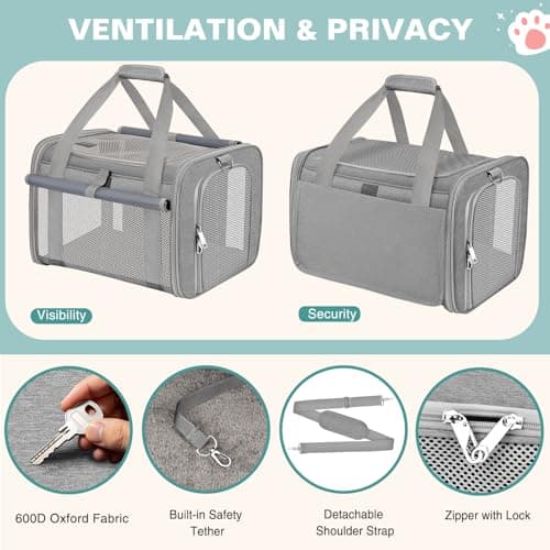 BTNEEU Soft Sided Cat Carrier Bag Airline Approved Large Pet Carrier Portable Dog Carrier Ventilated Foldable Pet Travel Carriers Bag For Cats/Small Dog With Shoulder Strap & Washable Mat (Grey) — view 5