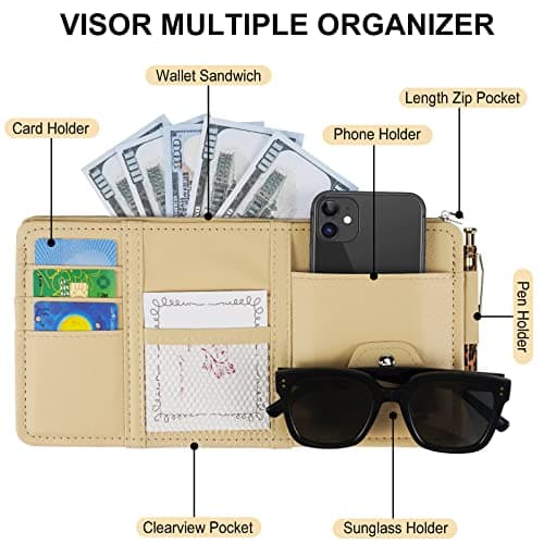 2 Pcs Sunglasses Holders for Car Sun Visor, Leather Car Sun Visor Organizer Travel Document Holder with Multi Pocket Net Zippers, Auto Interior Accessories Suitable for Car,SUV,Truck(Black) — view 2