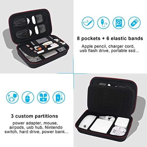 Elonbo Hard Travel Cords Organizer Universal Small Electronic Accessories Carrying Bag for Chargers MacBook Adapter Magic Mouse Apple Pencil Flash Disk Tech Portable Storage Bag, Black — view 2