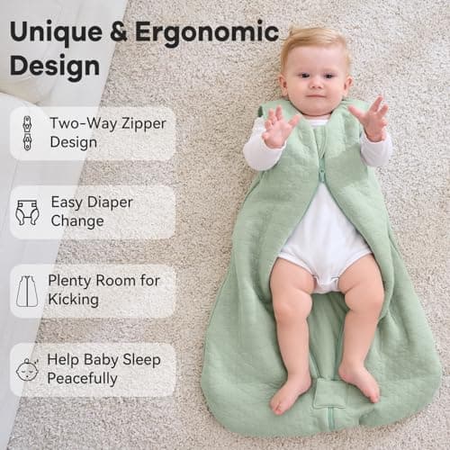 Unnivoll Baby Sleeping Bag 2.5 Tog 0-6 Months 100% Cotton Winter Sleeping Bag Baby 2-Way Zipper Quilted Sleep Sack for Newbron Infant Warm Soft Green — view 4