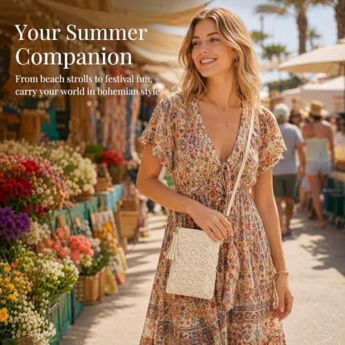Crossbody Bag, Crochet Phone Bag White Leather Small Woven Shoulder Purse Flowers Bohemian Handbag with Adjustable Strap for Wedding Evening Summer Beach Travel Party 14 × 9 × 3cm (Off White) — view 2