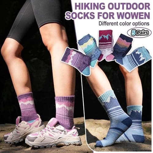 Sandsuced Womens Merino Wool Hiking Socks Thermal Winter Warm Cosy Outdoor Crew Socks 5 Pairs Gift Stocking Fillers(Purple/Blue/Dark Blue/Rose Pink/Light Blue,3-7) — view 4