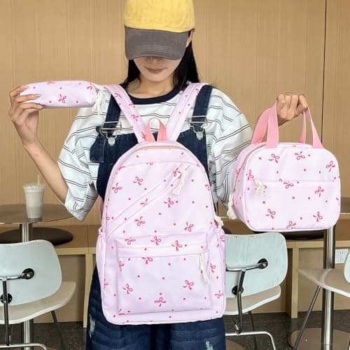 HiTotes Bow Backpack School Bags for Girls 3pcs Set Bow Coquette Schoolbag Preppy Kawaii Daypack Backpack for Secondary Primary Middle School — view 2