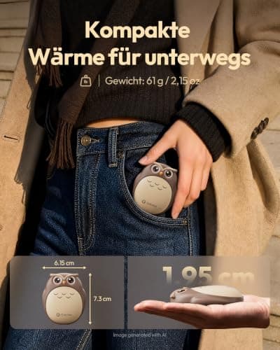 Gaiatop Rechargeable Hand Warmers 2 Pack, Cute Owl Handwarmers, Brown — view 5
