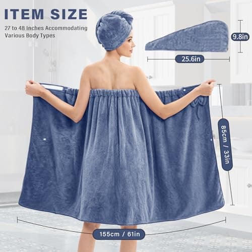 Women's Bath Towel Wrap with Hair Towel, Adjustable Soft Microfiber – Blue — view 2