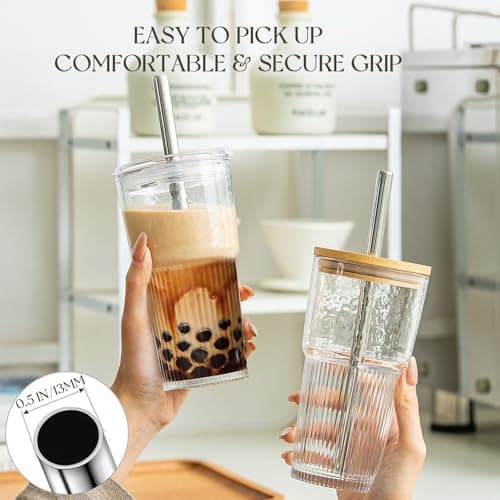 KEMORELA 2-Pack 20oz/600ml Ribbed Glass Tumblers with 2-in-1 Leak-Proof Lids & 13mm Stainless Steel Straws – Reusable Drinking Cups for Iced Coffee, Boba, Smoothies, Cold & Hot Drinks, Travel Cups — view 6