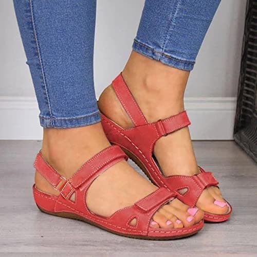 Ladies Sandals Size 5 UK, Sandals for Women Shoes Womens Orthopedic Women's Sandals & Slides Arch Support Summer Slip on Ladies Wedge Wide Fit Walking Platform Beach Sliders Red 5.5 — view 2