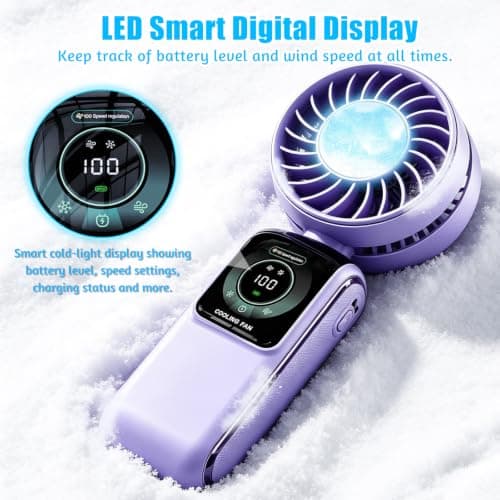 Handheld Fan Rechargeable, 5 Speeds Portable Ice Cooling Hand Fan, Flexible Modes Hand Desk Neck Electric Mini Fan，High-Power Hand Held Fans with LED Display for Travel Home Office Outdoor (Purple) — view 3
