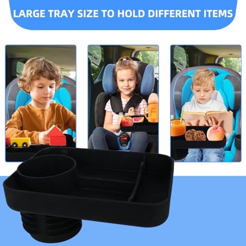 Child Cup Holder with Snacks Holder for Convertible Car Seats, 360° Convertible Cup Holders, Stroller Cup Holder with Snack Pod, Travel Snacks Food Plate Fits Most Car Seats Sofa, Black — view 3