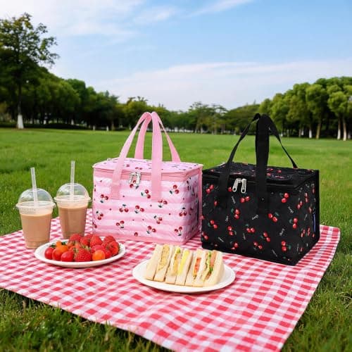 TEAMOOK Foldable Lunch Bag Insulated Lunch Box Water-Resistant Leakproof Soft Cooler Bag Pink Cherry 8-10 cans — view 6