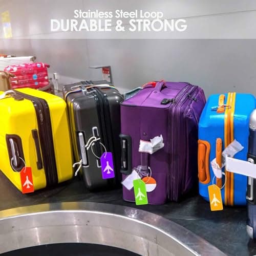 8 Pack Silicone Luggage Tag, Stainless Loop Name ID Card for Suitcases, Airplane TSA Approved Privacy Protection Travel Tags, Quick Spot Baggage Bag Identifier, Cruises Essentials Multicolor — view 5