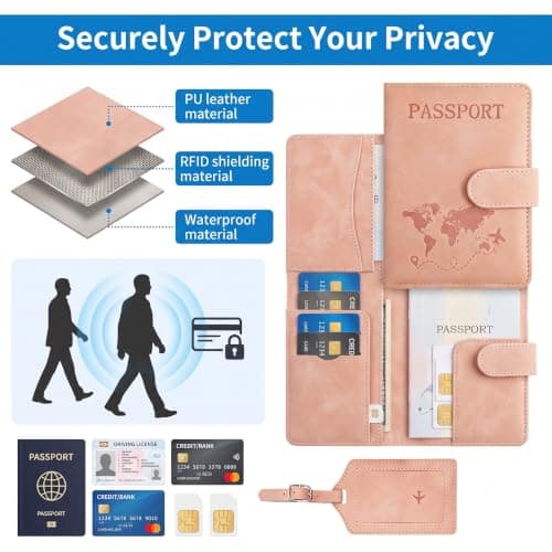 Kaaeiccr Passport Cover, RFID Blocking Travel Wallet Pink Luggage Tag Set — view 3