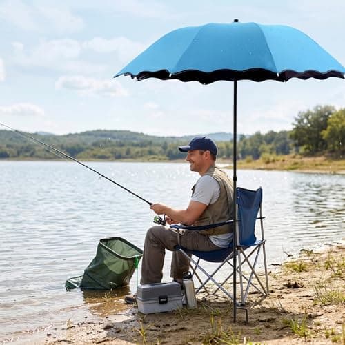Ameble Folding Travel Rain Umbrella with UV Protection, Adjustable Height & Ground Stake Plant Umbrella for Garden, Fishing, Beach, Sun Shade, Blue — view 5