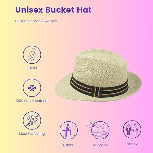 RockParty Unisex Panama Style Straw Fedora Hat – Classic Summer Trilby Sun Hat for Beach, Travel, Outdoor Fashion & Holiday Wear (Beige Black & Blue) — view 6