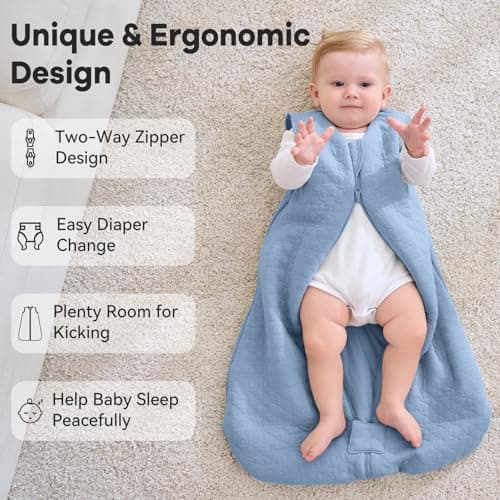 Unnivoll Baby Sleeping Bag 2.5 Tog 0-6 Months 100% Cotton Winter Sleeping Bag Baby 2-Way Zipper Quilted Sleep Sack for Newbron Infant Warm Soft Blue — view 4