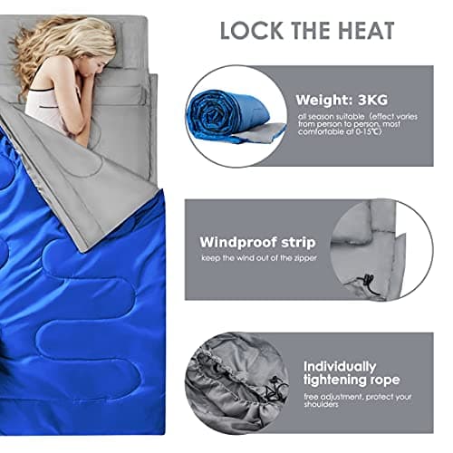 COSTWAY Double Sleeping Bag, Extra Large - 220 x 150 cm - Converts into 2 Singles, Waterproof Sleeping Bag with Free Pillows and Carrying Bag for Camping, Hiking (Blue) — view 4
