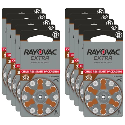 Rayovac Extra Advanced Hearing Aid Batteries, Size 312, Brown Tab, PR41, Pack of 60