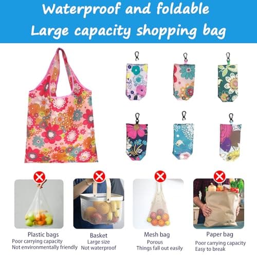 6 Pack Foldable Reusable Shopping Bags,Tote Bags, Grocery Bags with Hook, Eco-friendly Travel Recycle Shopping Bags in Pocket, Waterproof and Machine Washable for Daily Shopping Supplies load — view 5