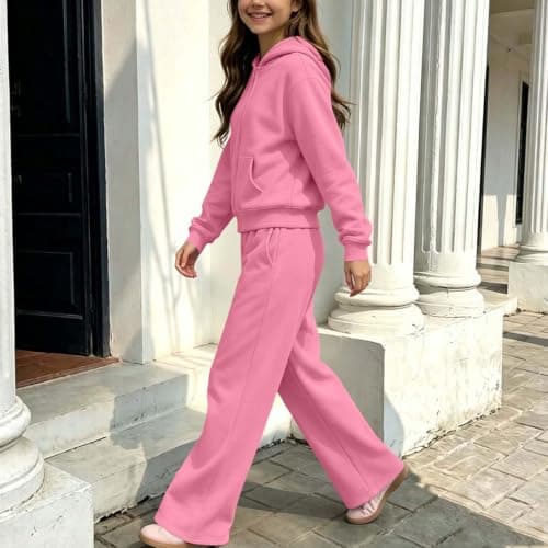 Slxbear Pink Girls 2 Piece Tracksuit Kids Zipper Hooded Tops Elastic Waist Trouser Outfits Long Sleeve Coat Wide Leg Pants Casual Sweatsets Solid Loose Soft Lightweight Travel Sets 13-14 Years — view 5