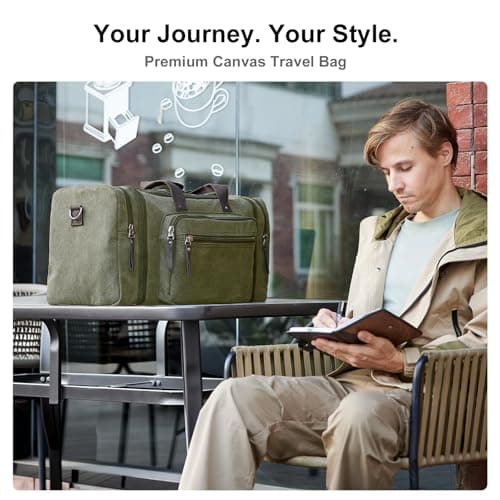 EKOROMIER 55L Canvas Travel Duffel Bag for Men – Expandable Weekender Holdall – Cabin Size Overnight Bag for Gym, Carry-On or Short Trips – Olive — view 3