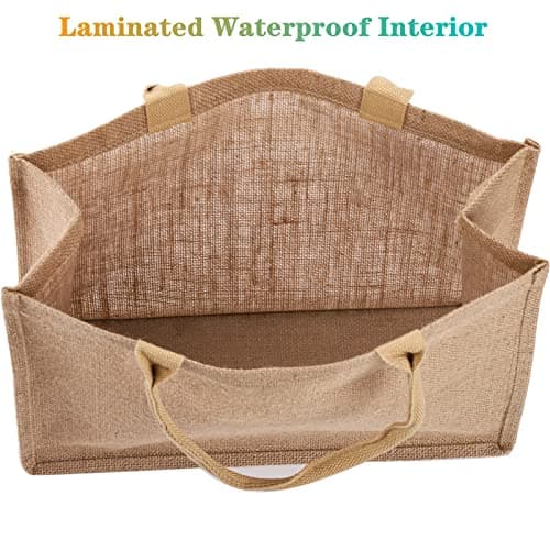 DEAYOU 6 Pack Large Jute Burlap Tote Bag, Jute Beach Bag with Laminated Interior, Burlap Gift Tote with Handle, Reusable Lined Market Grocery Shopping Bag for DIY, Wedding,15.4''x12.2''x5.9'' — view 5
