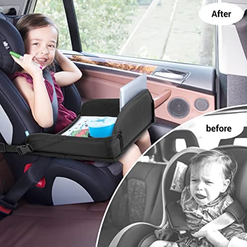 INFANZIA Kids Travel Tray for Toddler Car Seat, Travel Activity Tray for Airplane, Car Seat Lap Drawing Tray, Multifunctional Car Seat Tray Table with Storage for Kids Travel Play, Black — view 4