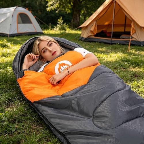 Sleeping Bag 3 Seasons (Summer, Spring, Fall) Warm & Cool Weather - Lightweight,Waterproof Indoor & Outdoor Use for Kids, Teens & Adults for Camping Hiking, Backpacking and Survival (Grey Orange) — view 4