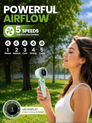 EcoNour Portable Handheld Fan - 5 Gear High Speed Rechargeable Fan - Green — view 2