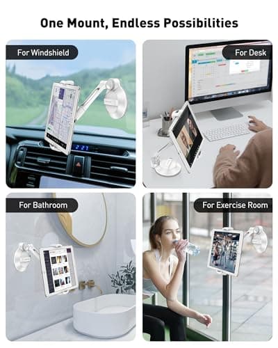 AboveTEK Tablet Stand with Suction Cup, Adjustable Tablet Holder Mount for Desk, Car Windscreen, Mirror or Glass – Fits 4”-11” Tablets & Phones, iPad Mount for Home, Office (White) — view 4