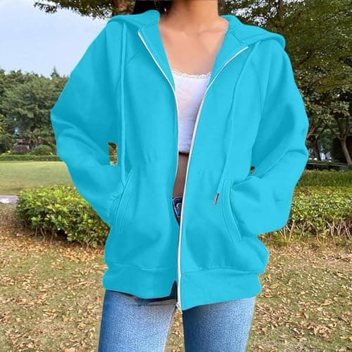 Nuoke Zip Up Hoodie Women Hoodies for Women UK Oversized Hoody Zip Up Sweatshirts Trendy Casual Loose Long Sleeve Comfy Fall Winter Fashion Outfit Sky Blue — view 3