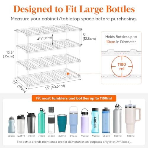 Lifewit Stackable Water Bottle Storage Organiser, Wine Bottle Holder for Cupboard, Plastic Large Compartment Tumbler organiser, Clear Wine Rack, Mug Cup Holder for Kitchen Storage, 4 Tier Hold 16 — view 2