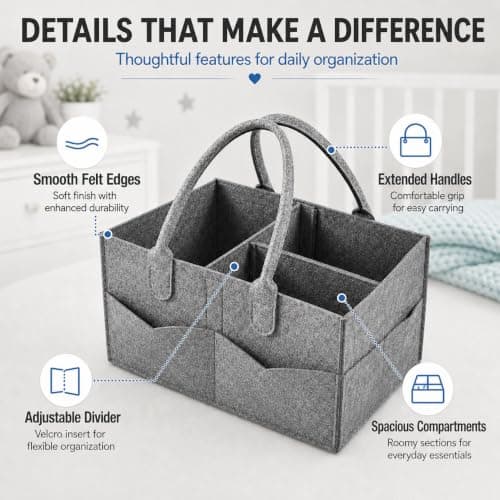 PandaEar Baby Diaper Caddy Organiser - Large Felt Nursery Storage Bin for Nappies & Wipes - Portable Car Travel Basket with 3 Adjustable Compartments & 5 External Pockets - Dark Grey — view 4