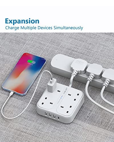 JSVER Plug Extension USB,Extension Lead with 4 USB Slots(3 USBA+1 USB C) Power Socket with 4 Way 4 USB Charging Station(17W) Power Strip Surge Protection for Home Travel,White — view 6
