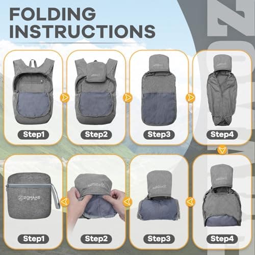 ZOMAKE Lightweight Foldable Backpack, Packable Rucksack (10L/Grey) — view 5
