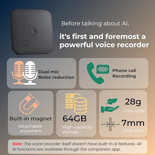 FoCase Note AI Voice Recorder, Transcribe & Summarize, Translation, APP Control with Chat GPT, Magnetic, 64GB Memory, Support 112 Languages, Audio Recorder for Phone Calls, Lectures, Meetings, Black — view 3