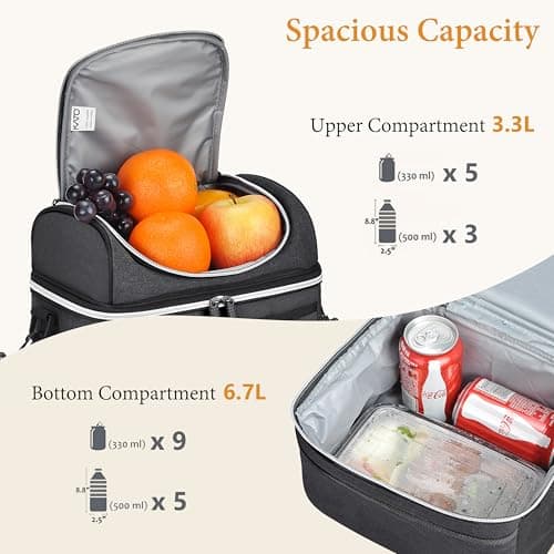 Kato Tirrinia Insulated Lunch Bag for Men Work, Picnic Cooler Bag, 10L Large Dual Compartment Food Bag with Shoulder Strap and Front Pocket Camping Beach Travel Black — view 3