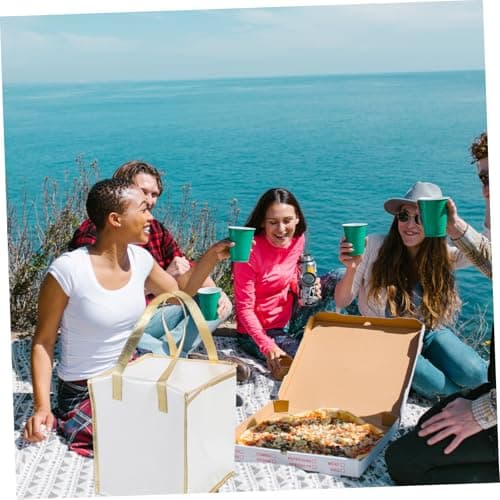 RUNROTOO Insulated Cake Packing Bag 10-inch Heightened White with Gold Trim Thermal Food Storage Bag Portable Handheld Pizza Package and Fresh Food Cooler for Home and Travel — view 5