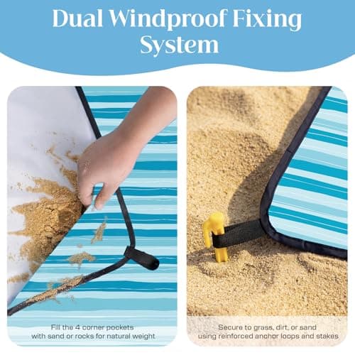 Beach Blanket Sandproof Waterproof, 213 x 213 cm Large Beach Mat with Stakes & Travel Bag, Lightweight,Quick-Dry, Portable Picnic Mat Beach Essentials for Outdoors,Cruise,Picnic & Camping, Ocean Wave — view 3