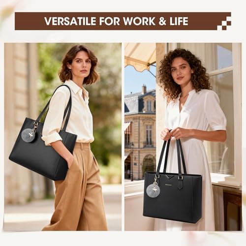 RAINSMORE Handbag for Women Large Tote Bags for Women Waterproof PU Leather Ladies laptop Tote handbag with Removable pom-pom for Work Business School Black — view 2