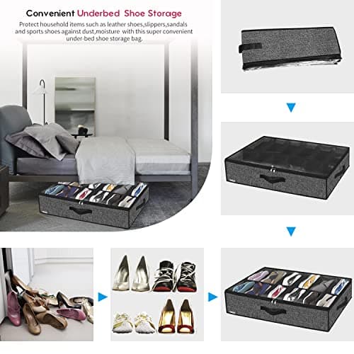 Onlyeasy Sturdy Under Bed Shoe Storage Organizer, Set of 2, Fits Total 24 Pairs, Underbed Shoes Closet Storage Solution with Clear Window, Breathable, 29.3"x23.6"x5.9", Linen-like Black, MXAUBSB2P — view 6