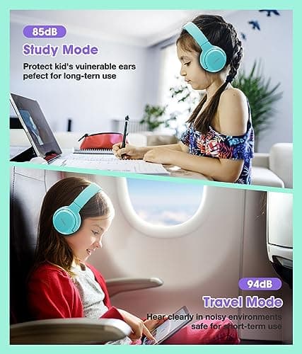 KONNAO Kids Headphones Wireless 60H, Foldable On Ear Headphone with MIC, Volume Limiter 85dB/94dB Wireless & Wired Headphones, Over-Ear Headphone for Kid Adult School Online Class Travel, Green — view 2
