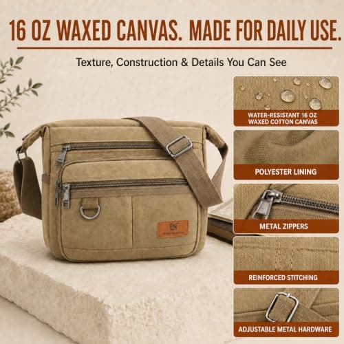 W&G traveler Crossbody Messenger Bag Rfid Blocking, 13 inch Laptop Shoulder Bag, Casual Satchel Bag w/Water Bottle Holders, Built-in Wallet & Phone Pouch, Water Resistant, Khaki — view 6