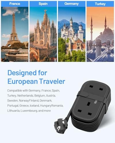 UK to European Plug Adapter with 1.5M Extension Cable，FDTEK 2 Way Travel Extension Lead with 3 USB Slots & Retractable USB C Cable, Type E/F Travel Adapter for Germany France Spain Greece etc — view 6