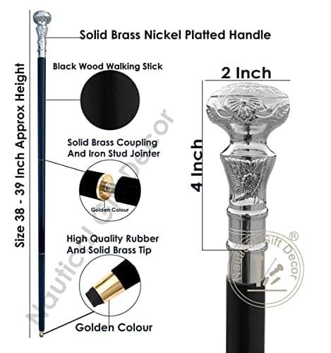 RIYLBEX Vintage Antique Walking Cane Wooden Walking Stick Silver Brass Handle Knob Gift — view 3