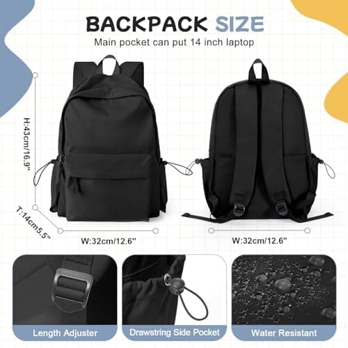HYC00 School Backpack Womens, Causal Travel School Bags 14 Inch Laptop Backpack Rucksack Bag for Women Teenage Girls Boys Lightweight College Rucksack Water Resistant Bookbag Work Daypack, Black — view 2