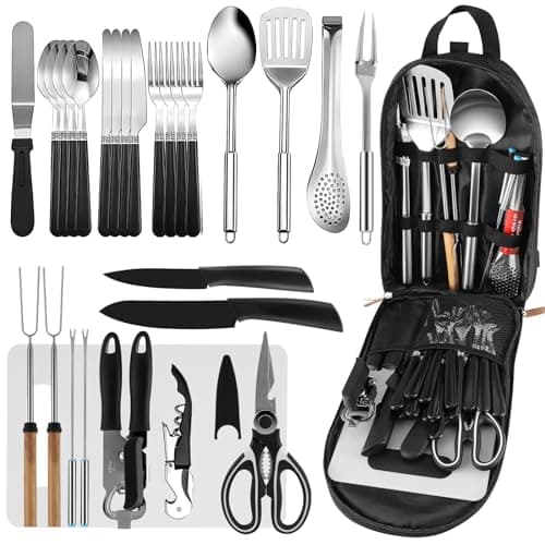 Camping Cooking Utensils Set, 27Pcs Camping Kitchen Utensils Organizer Travel Set, Kitchens Portable Cooking, Spoon, clip, fruit knife