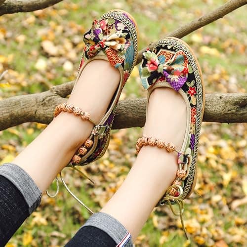 luoluoluo Womens Wedge Slip On Flats UK Sale, Bohemian Shoe Ethnic Comfy Closed Toe Platform Shoes Flower Print Sliders Bow Sandals Flat Mule Sandals Spring Summer Shoes Lightweight for Travel — view 3